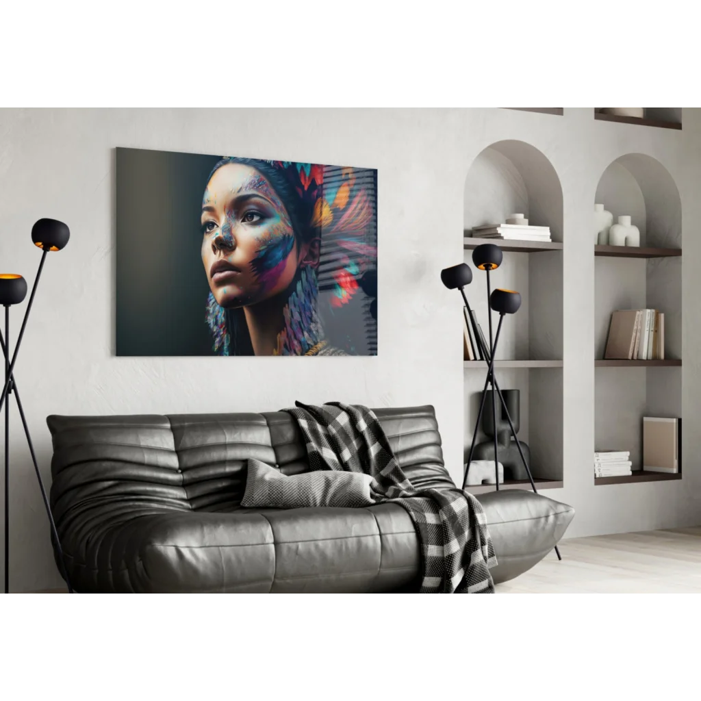 Black leather sofa with checkered throw under Vibrant Feather Goddess wall art