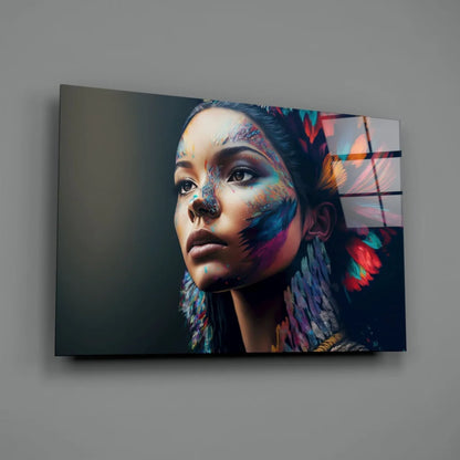 Vibrant feather goddess canvas wall art print of woman with colorful face paint and feathers