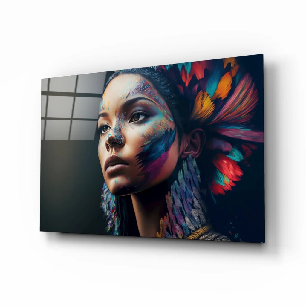 Vibrant woman with butterfly wings face paint canvas wall art print