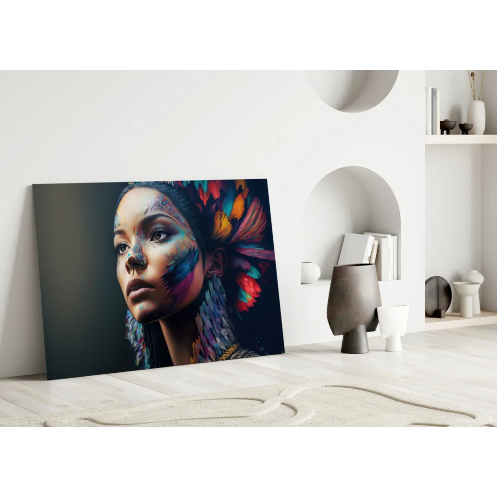 Vibrant Feather Goddess canvas wall art of woman with colorful face paint and feathers