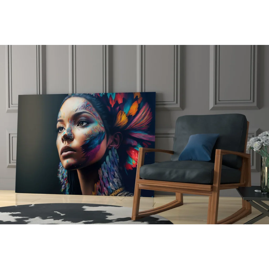 Vibrant Feather Goddess canvas wall art with colorful abstract face