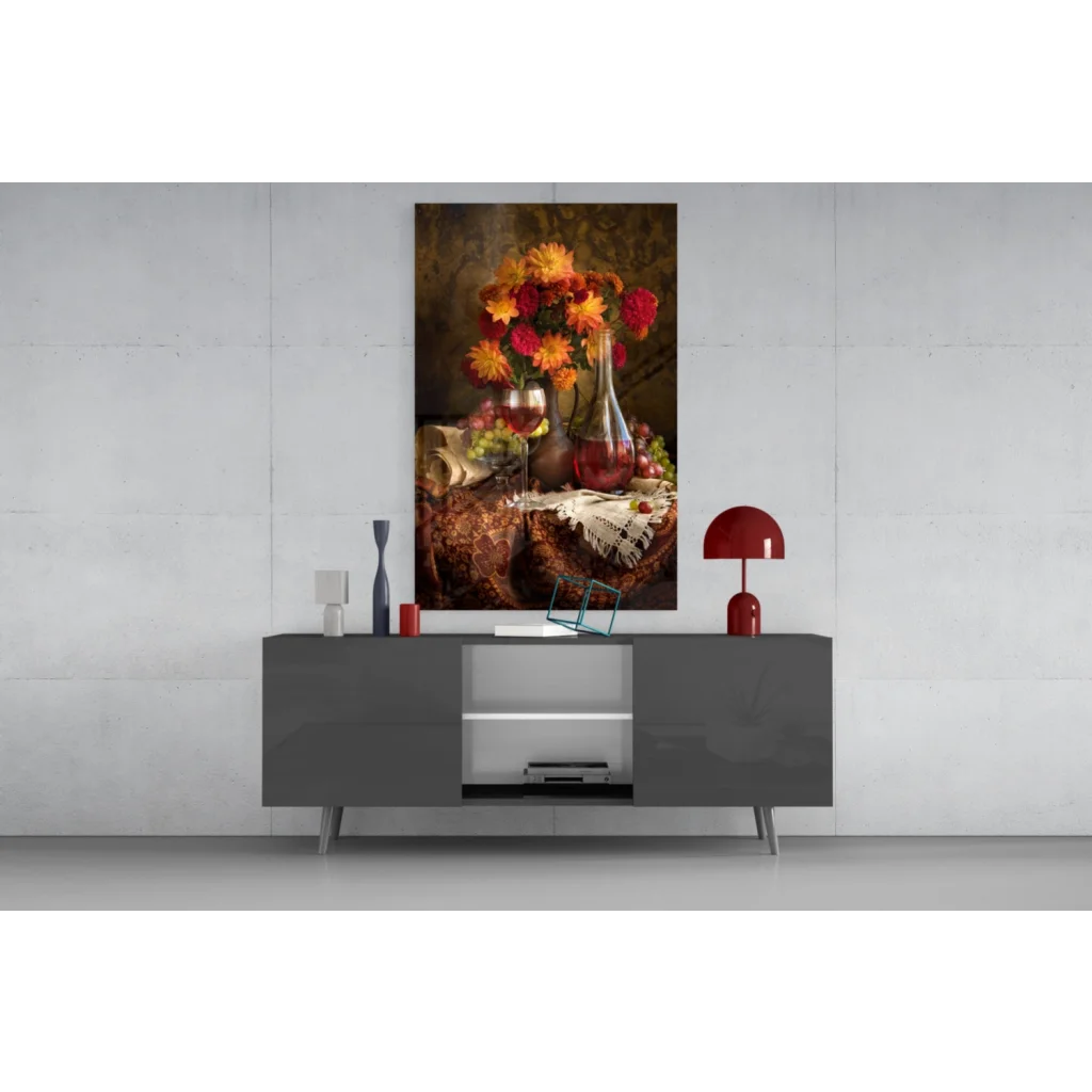 Vibrant orange red floral bouquet in glass wall art canvas print