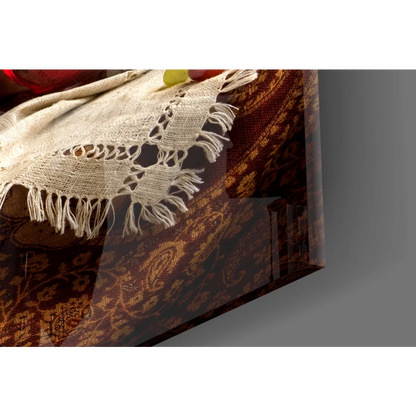 Cream lace on ornate fabric in vibrant floral bouquet glass wall art