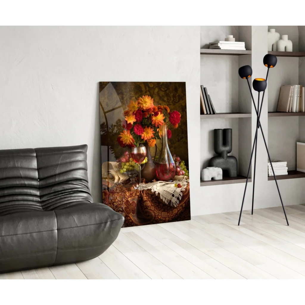Vibrant autumn floral bouquet glass wall art canvas print with red orange blossoms