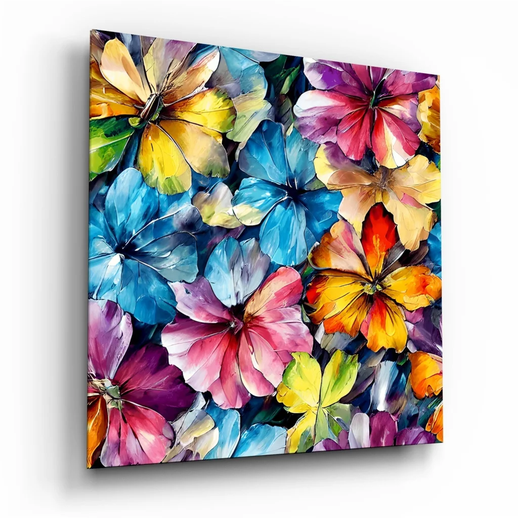 Vibrant floral tempered glass art with bold blue pink yellow purple blooms