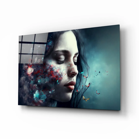 Vibrant woman canvas wall art with butterflies and flowers