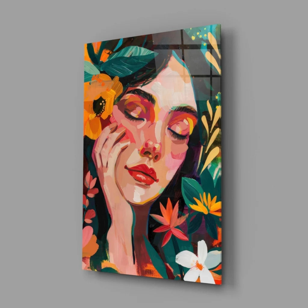 Vibrant floral woman canvas wall art print with closed eyes and flowers