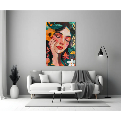 Vibrant floral woman modern abstract canvas wall art print
