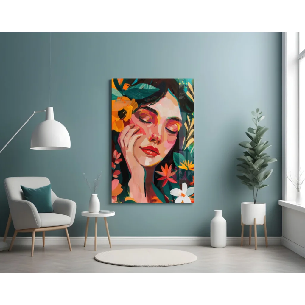 Vibrant floral woman canvas wall art with bold abstract colors