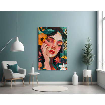 Vibrant floral woman canvas wall art with bold abstract colors