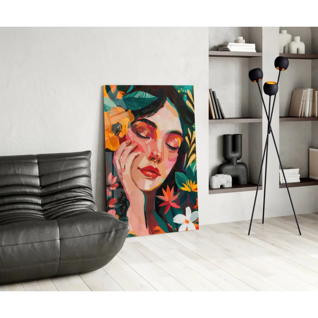 Vibrant floral woman canvas wall art with textured details