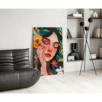 Vibrant floral woman canvas wall art with textured details