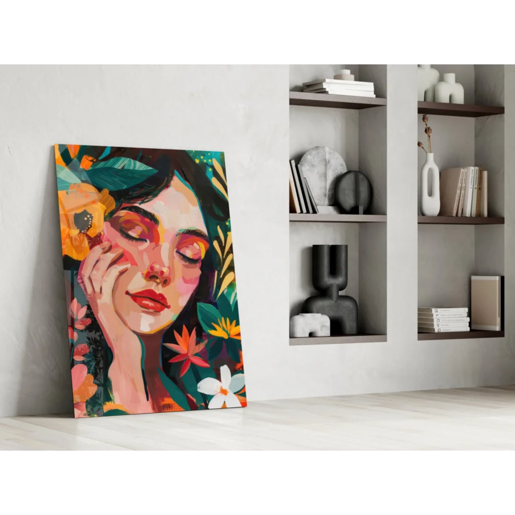 Vibrant floral woman canvas wall art print with modern design