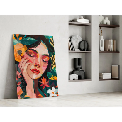 Vibrant floral woman canvas wall art print with modern design