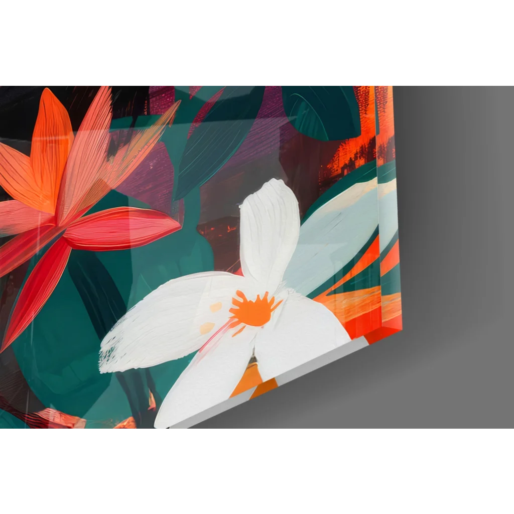 Vibrant white orchid canvas wall art print with orange center and green leaves
