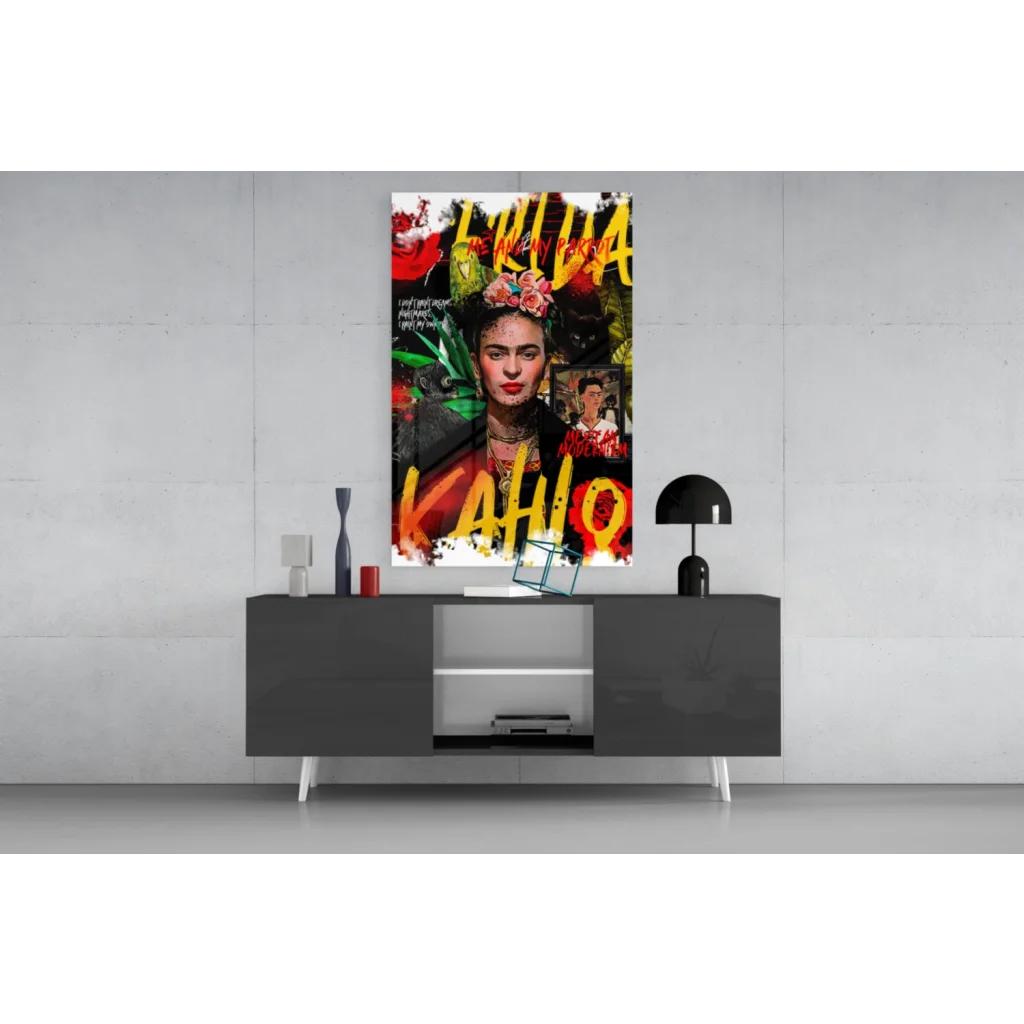Vibrant Frida Kahlo floral wall art poster with bold patterns