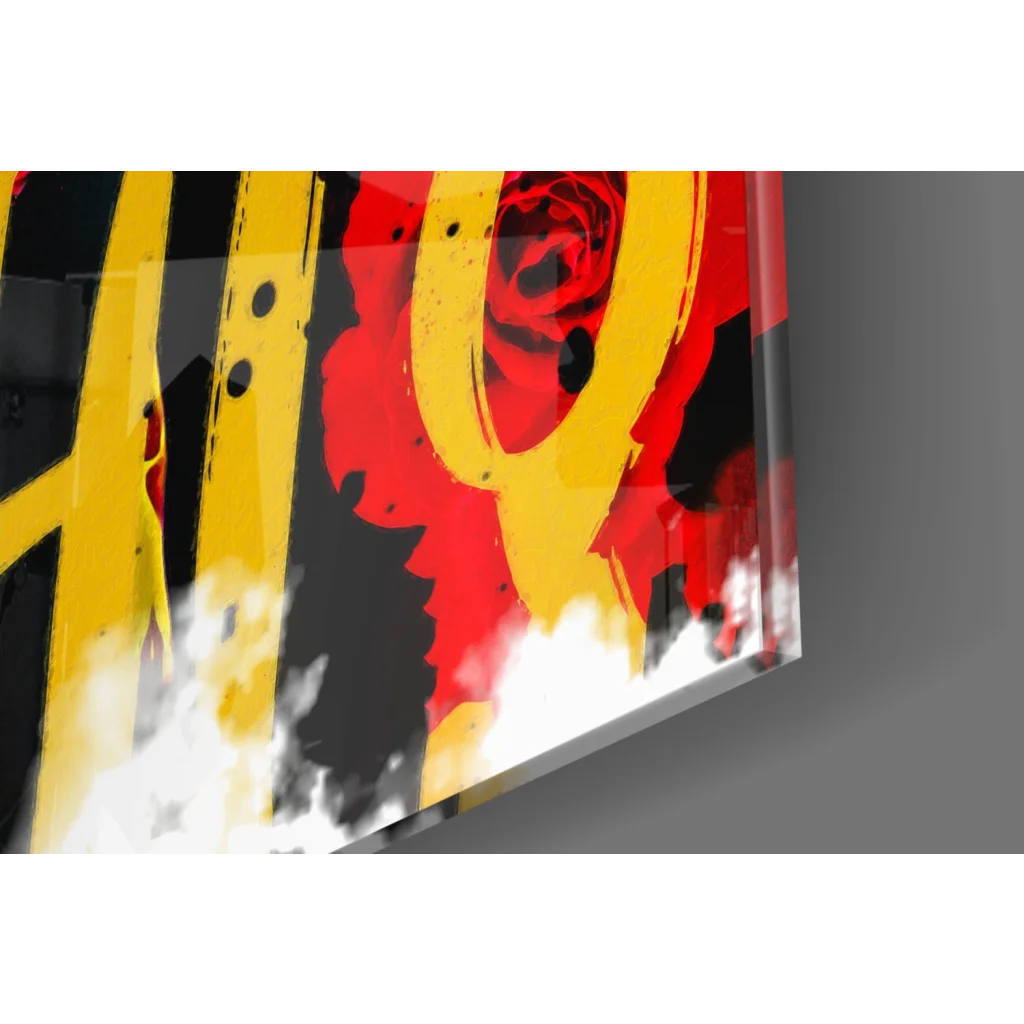 Vibrant Frida Kahlo glass wall art with yellow black striped skateboard and red rose