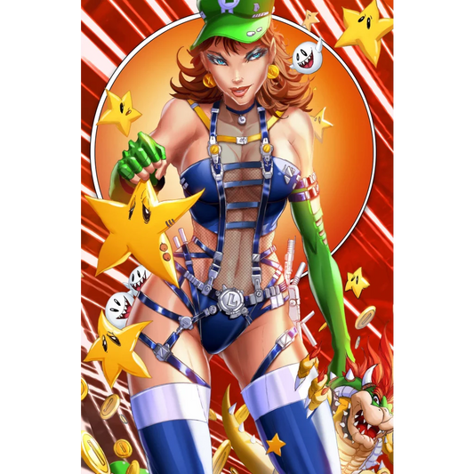 Vibrant gaming hero in green blue armor on brushed aluminum print