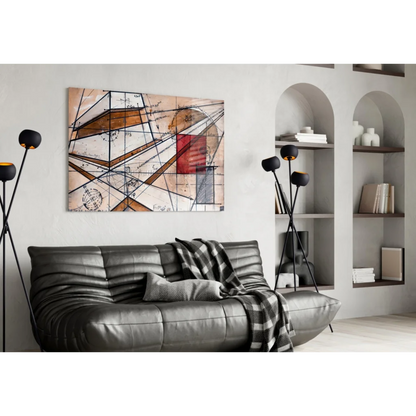 Black leather sofa with textured pattern and plaid throw