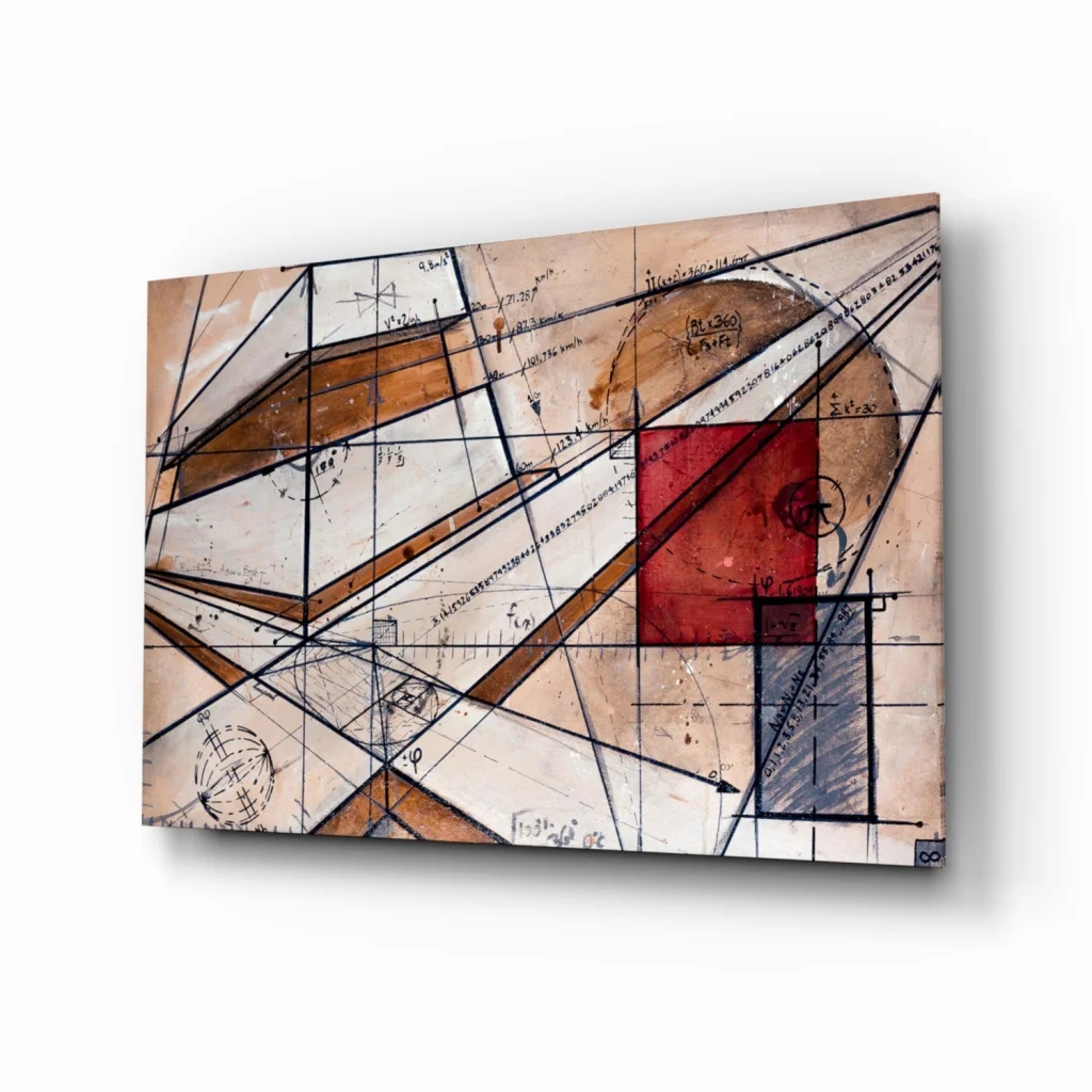 Beige geometric abstract wall art canvas with red brown accents