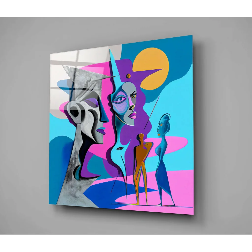 Vibrant geometric abstract wall art canvas in pink and blue
