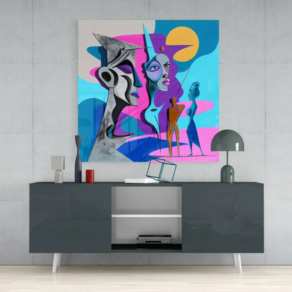 Vibrant geometric abstract wall art canvas in pink and blue with woman’s face