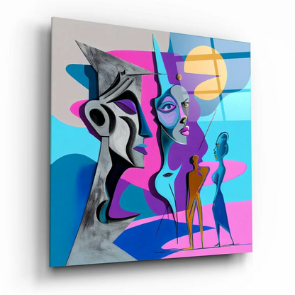 Vibrant geometric abstract wall art canvas with silver faces and pink blue shapes