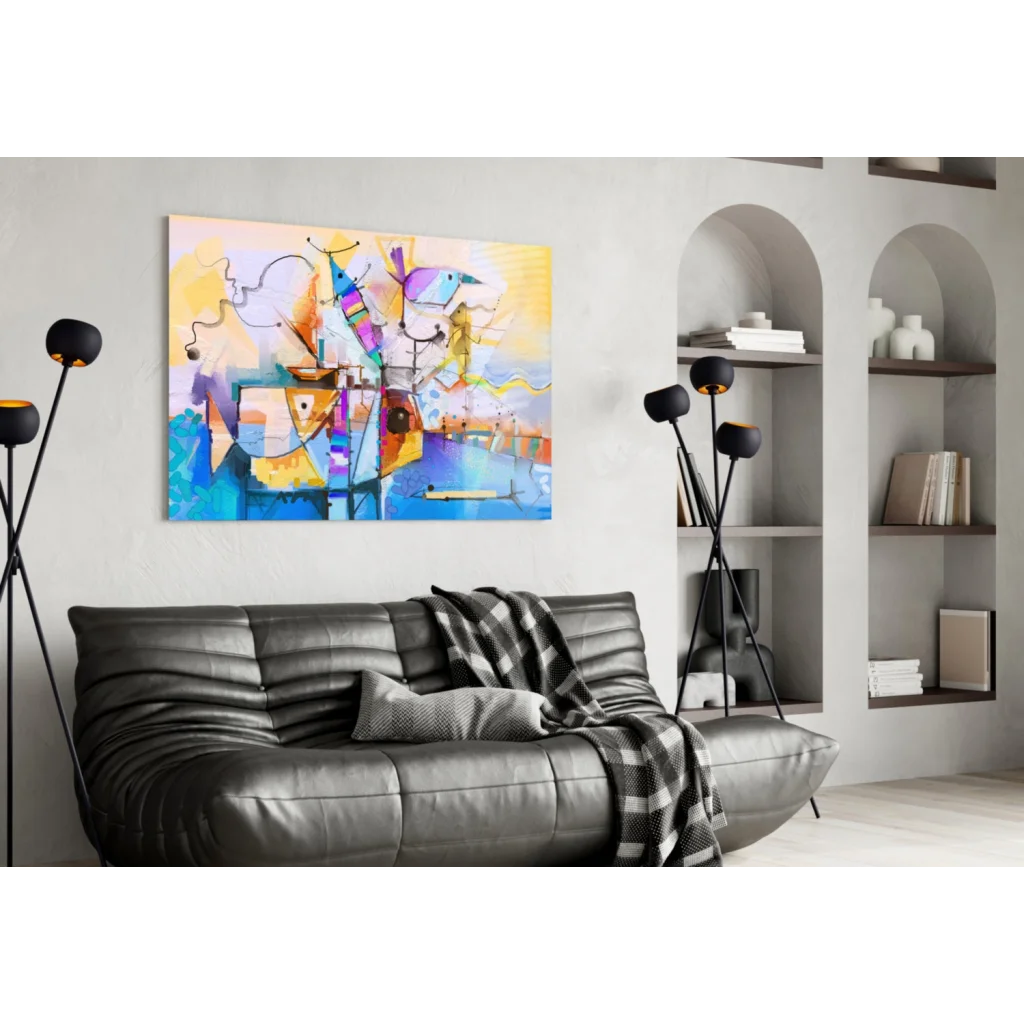 Vibrant geometric bird wall art canvas with bold abstract colors