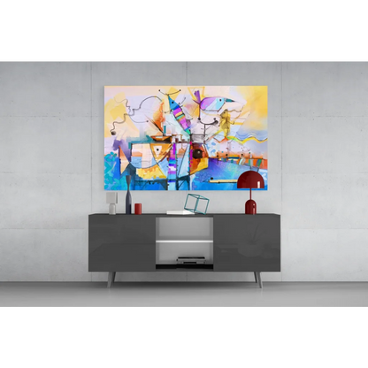 Modern gray sideboard with sleek silver legs under vibrant geometric bird wall art