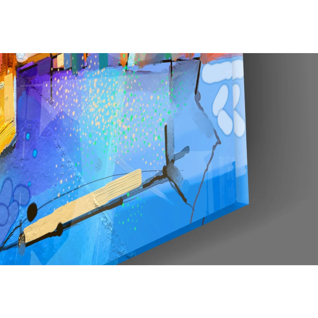 Vibrant geometric bird wall art on blue abstract canvas with purple, yellow, green splashes