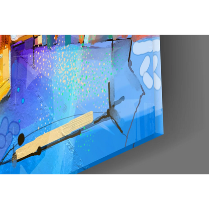 Vibrant geometric bird wall art on blue abstract canvas with purple, yellow, green splashes