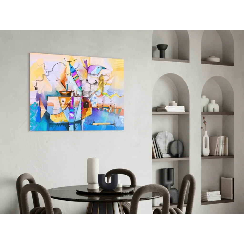 Vibrant geometric bird canvas wall art with bold abstract colors