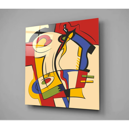 Vibrant geometric canvas wall art with bold gold accents and colorful shapes
