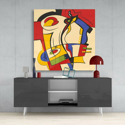 Modern gray sideboard with white legs and open storage under vibrant geometric wall art