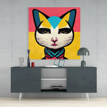 Vibrant geometric cat kimono canvas wall art in yellow pink