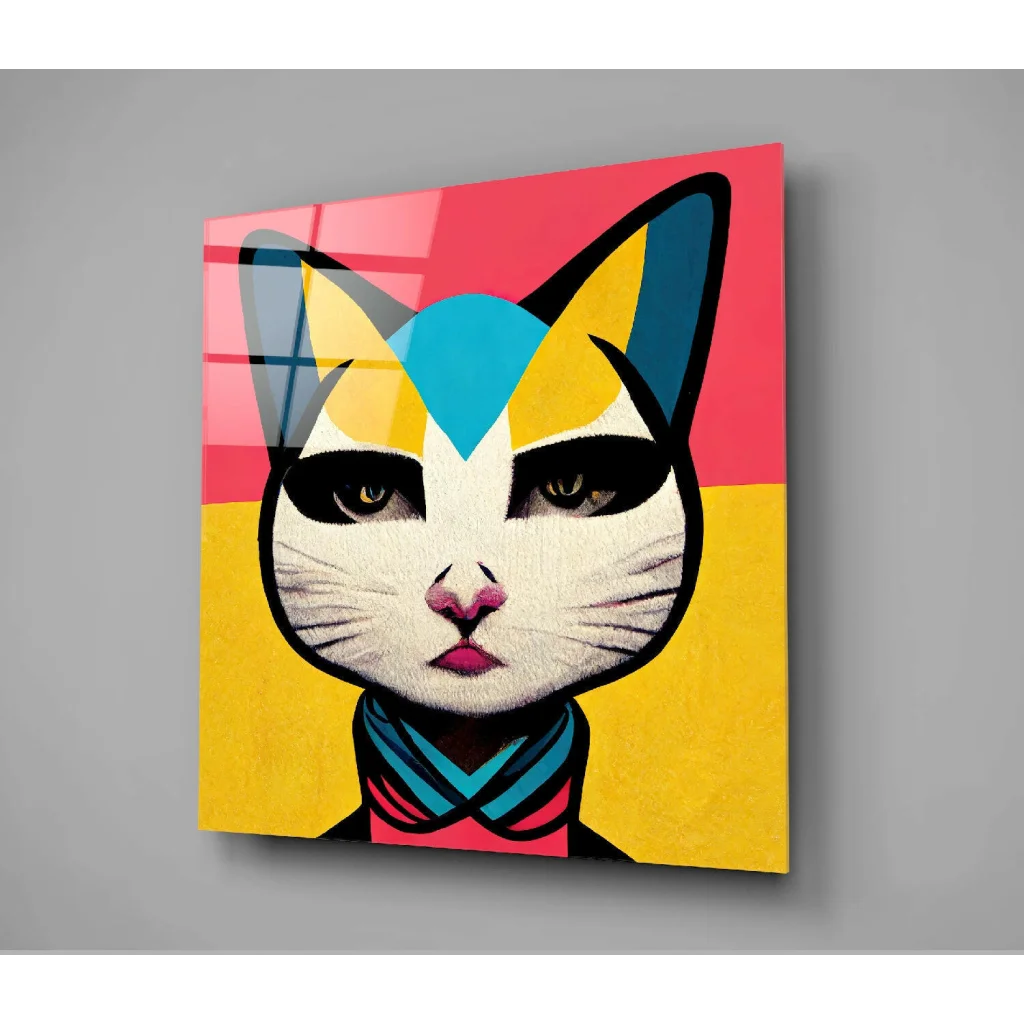 Vibrant geometric cat wall art on yellow pink kimono canvas