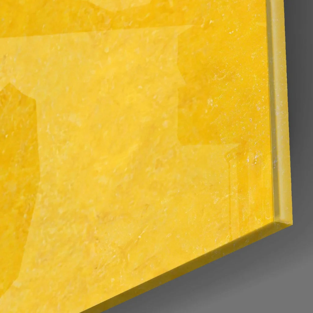 Vibrant yellow textured canvas wall art with geometric cat kimono design