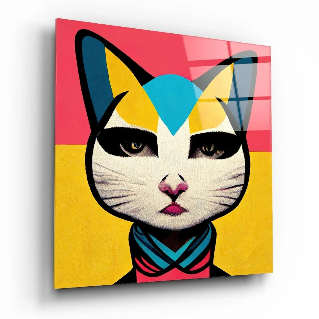 Vibrant geometric cat in kimono canvas wall art yellow pink