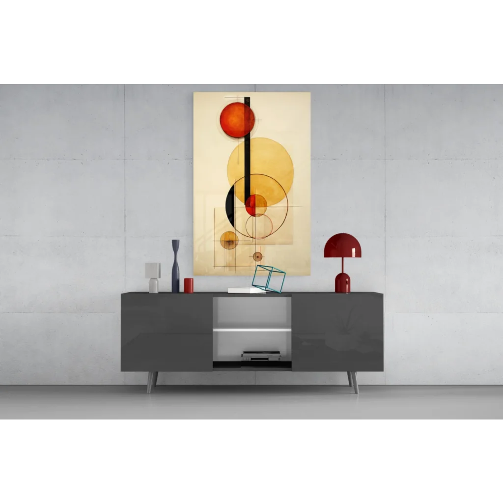 Vibrant orange yellow black geometric circles wall art on beige canvas