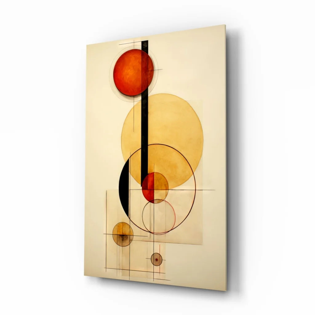 Vibrant geometric circles wall art in orange and yellow on cream background