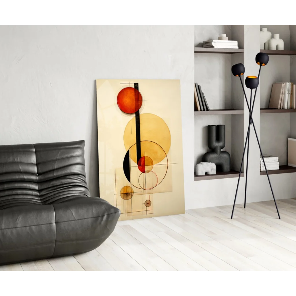 Vibrant geometric circles wall art canvas in orange, yellow, black on beige