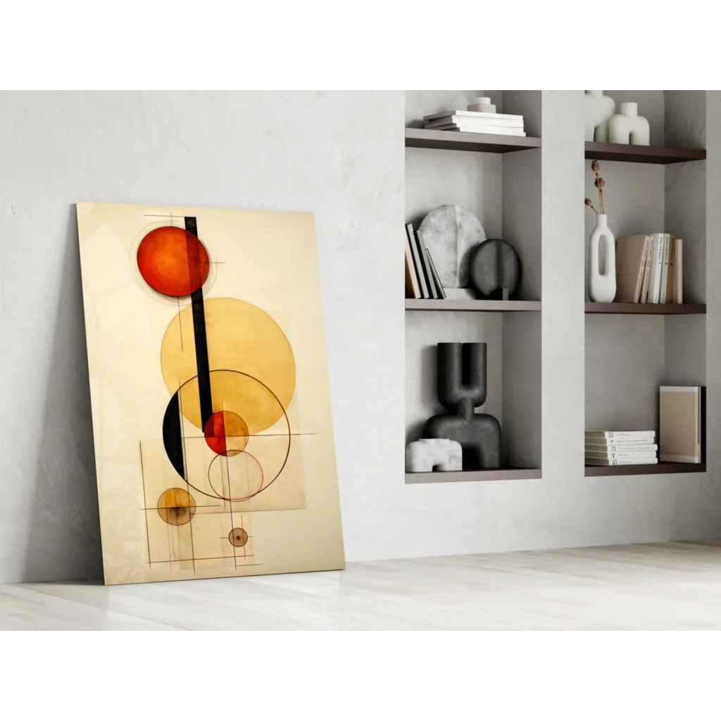 Vibrant orange yellow black geometric circles wall art canvas on beige