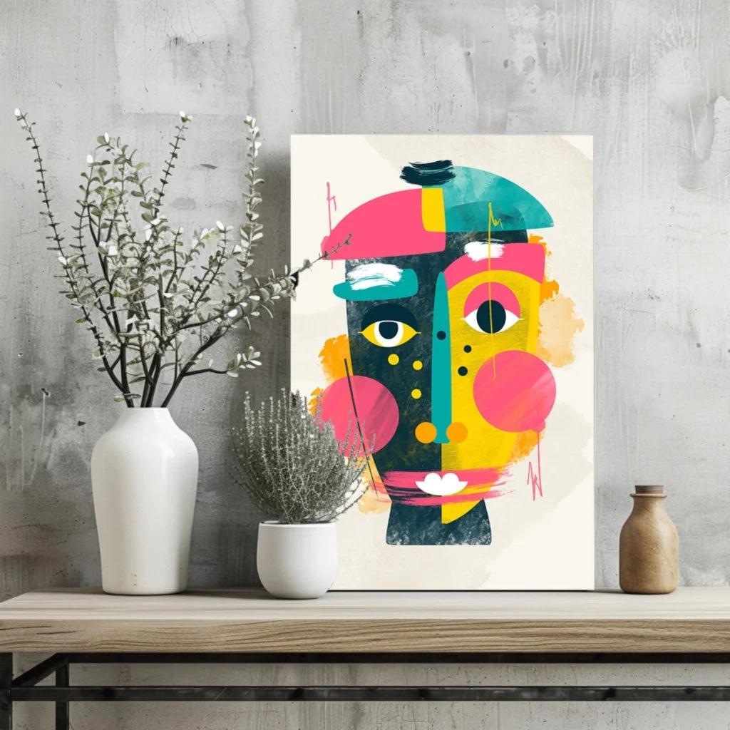 Vibrant geometric face canvas print with bold abstract colors