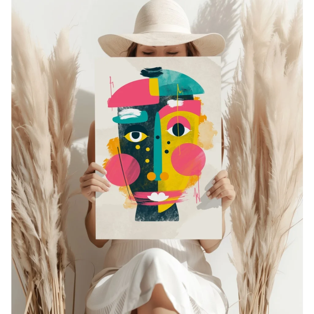 Vibrant geometric face canvas print in bold colorful abstract art for modern homes