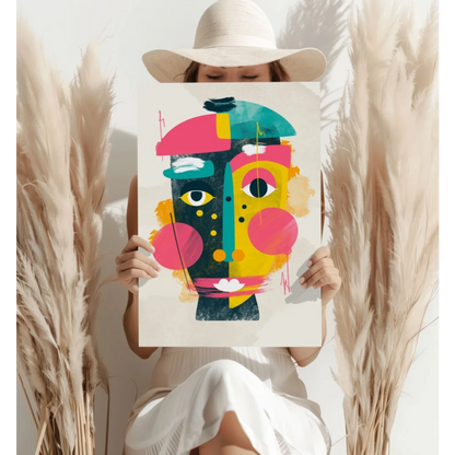 Vibrant geometric face canvas print in bold colorful abstract art for modern homes