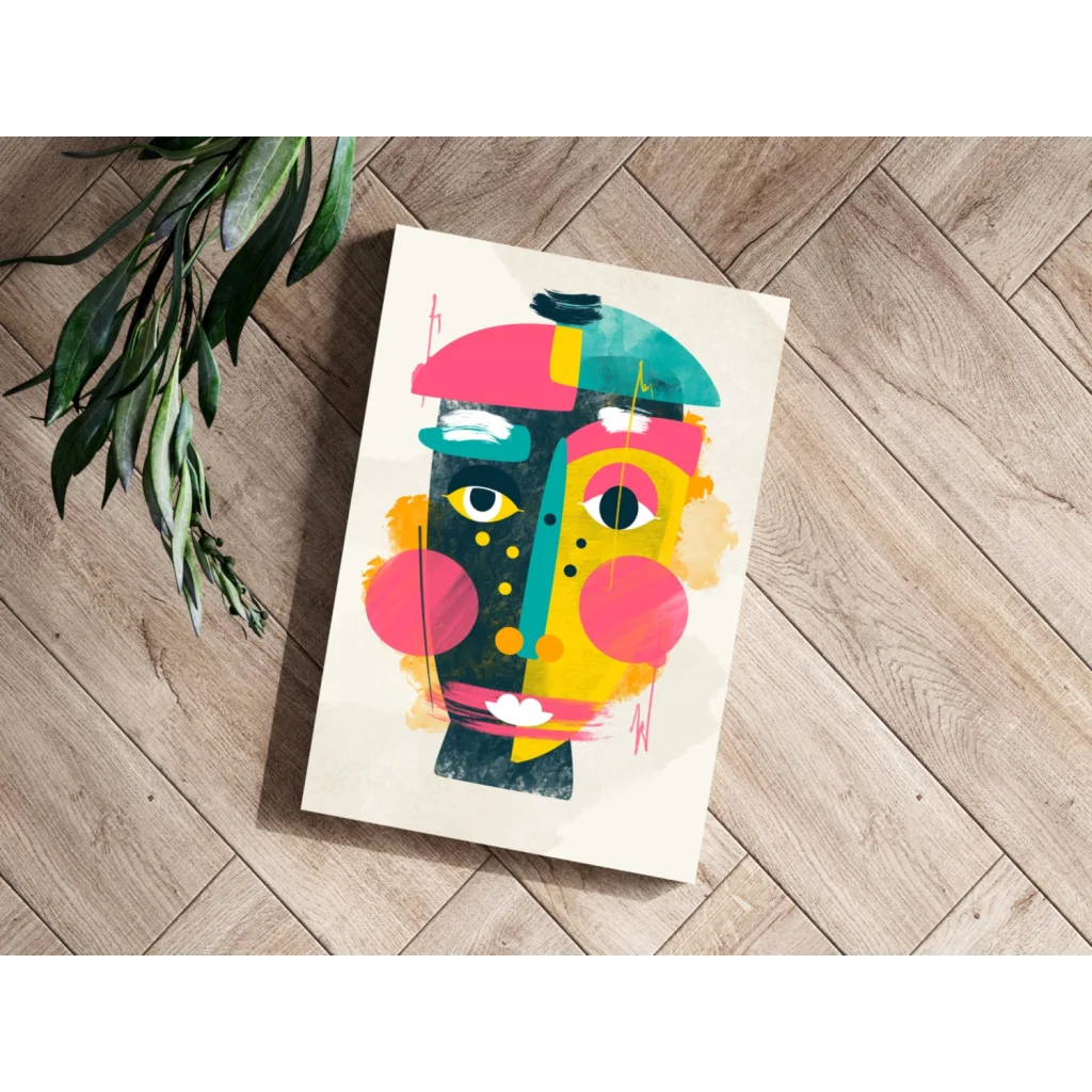 Vibrant geometric face canvas print in colorful abstract art for modern homes