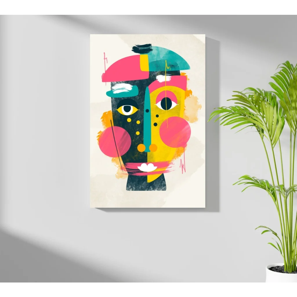 Vibrant geometric face canvas print with abstract colors and textures for modern homes