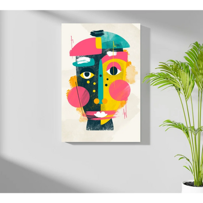 Vibrant geometric face canvas print with abstract colors and textures for modern homes