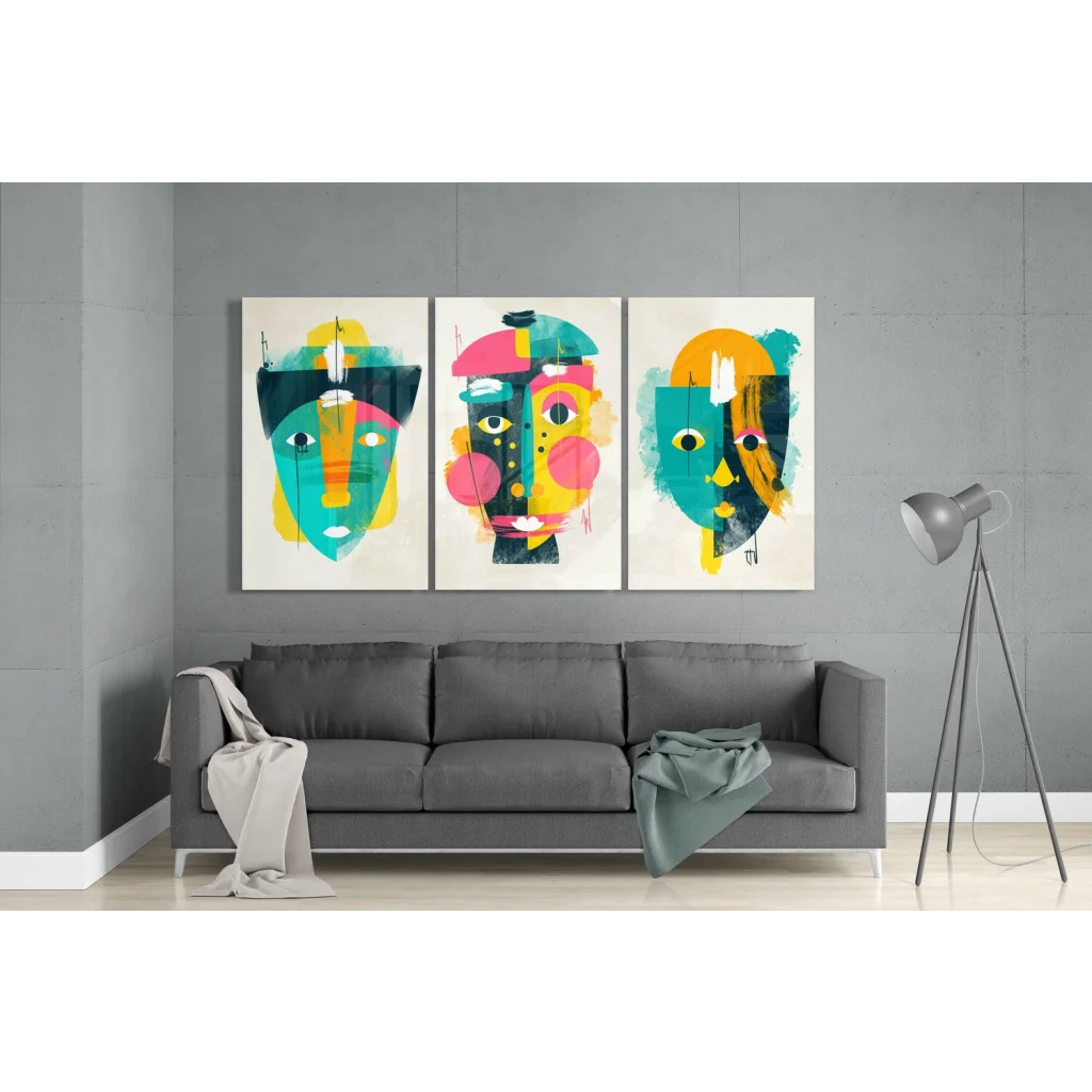 Vibrant geometric glass wall art set with colorful shapes