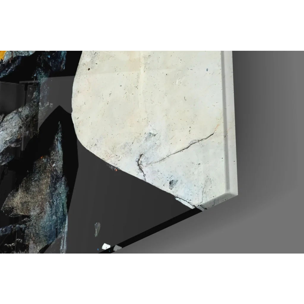 White marble mantel with black veining above vibrant geometric wall art